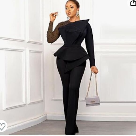 New Beaded Formal Long Sleeve Patchwork Mesh beaded Irregular Jumpsuit  Black - Picture 1 of 11